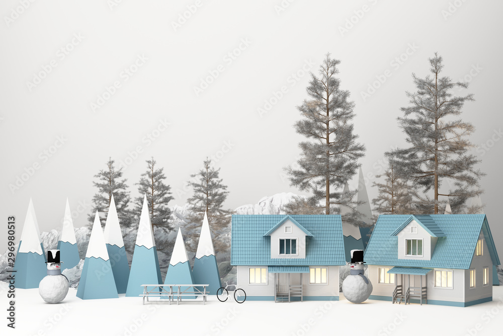 Beautiful Christmas winter snowy landscape background with mountains and low poly fir trees with snow man. 3d rendering
