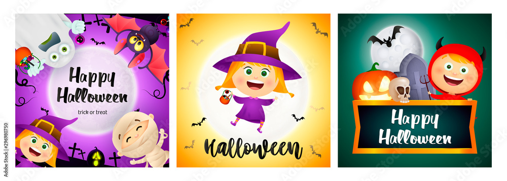 Fototapeta premium Halloween party banner set with witch, ghost, devil, mummy