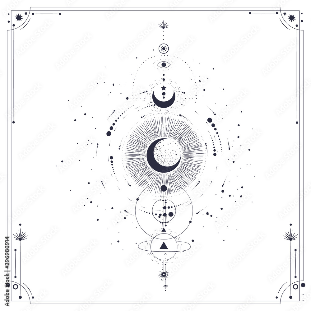 Fototapeta Vector illustration set of moon phases. Different stages of moonlight activity in vintage engraving style. Zodiac Signs