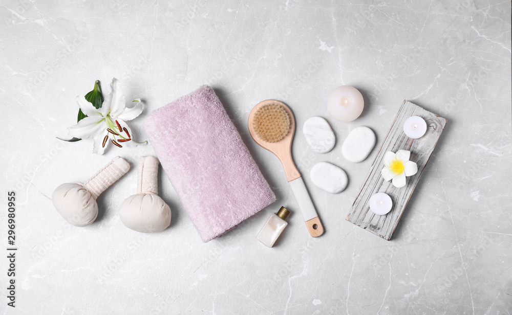 Flat lay composition with spa accessories on light background Flat lay composition with spa accessories on light background