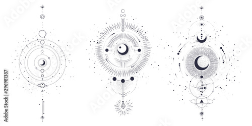 Vector illustration set of moon phases. Different stages of moonlight activity in vintage engraving style. Zodiac Signs