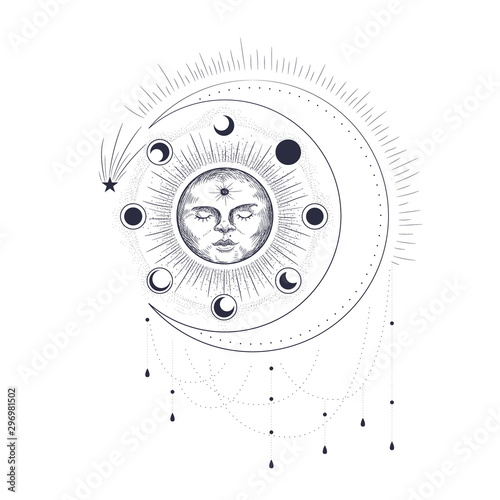 Vector illustration set of moon phases. Different stages of moonlight activity in vintage engraving style. Zodiac Signs