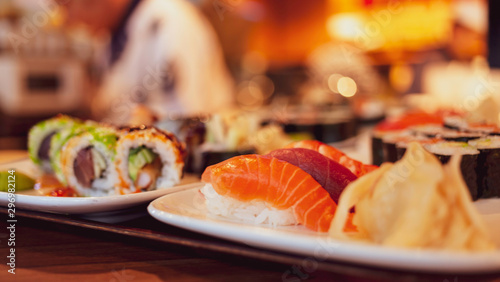 sushi on a plate in a sushi restaurant