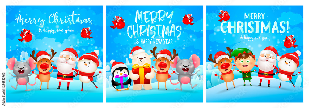 Merry Christmas blue banner set with animals, Santa Merry Christmas blue banner set with animals, Santa
