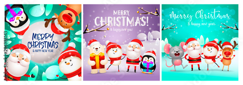 Merry Christmas violet, green banner set with animals, Santa