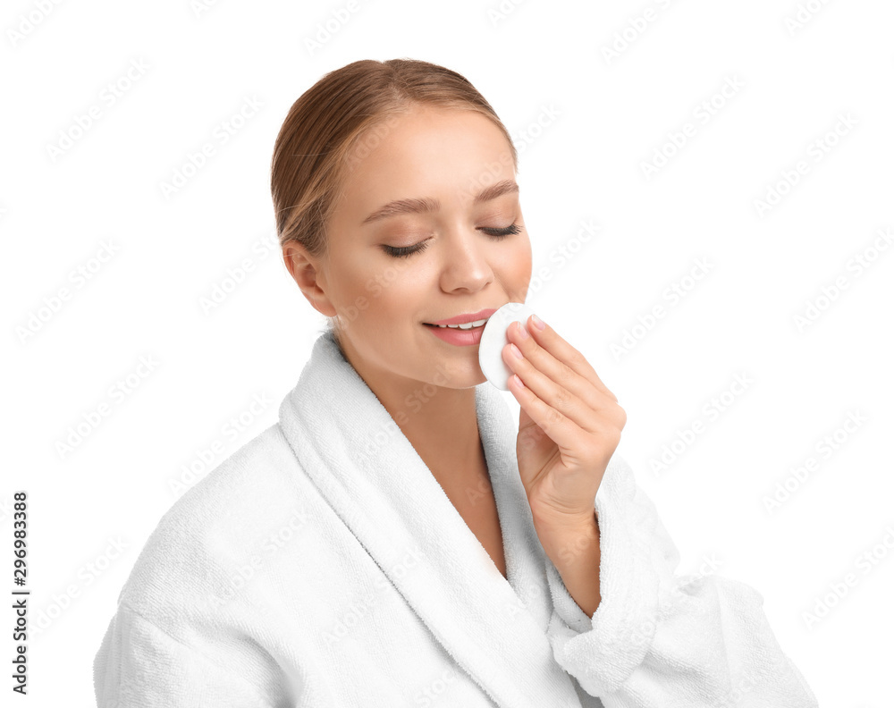 Beautiful young woman with cotton pad on white background Beautiful young woman with cotton pad on white background
