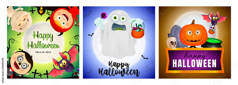 Halloween party banner set with ghost and monsters