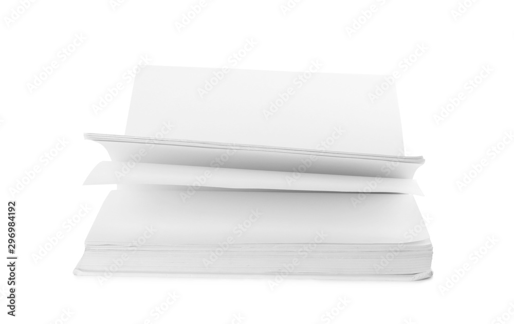 Open hardcover book with blank pages on white background Open hardcover book with blank pages on white background