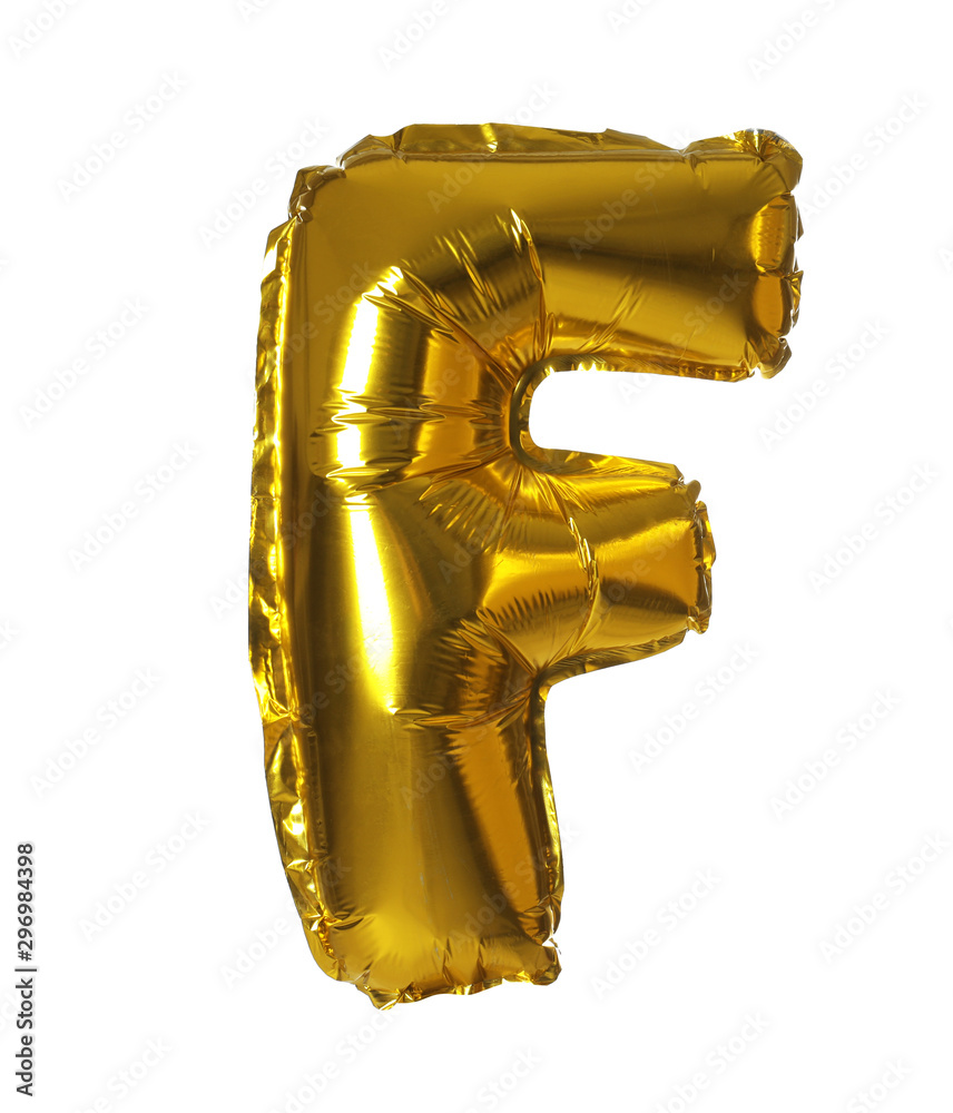 Golden letter F balloon on white background