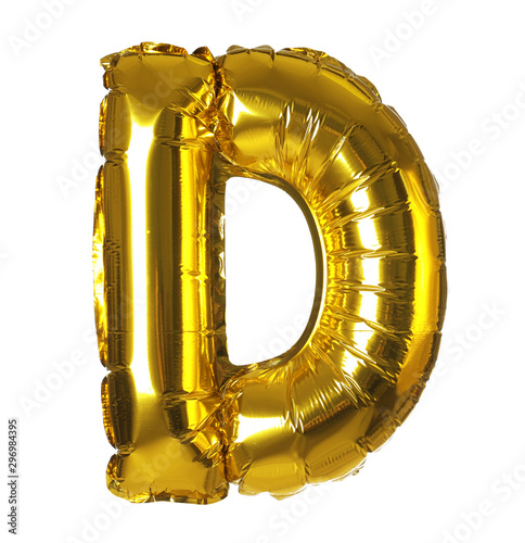 Golden letter D balloon on white background