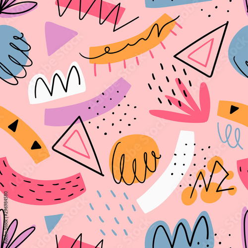 Hand drawn abstract kids seamless  pattern for print, textile, wallpaper. Modern hand drawn shapes background.