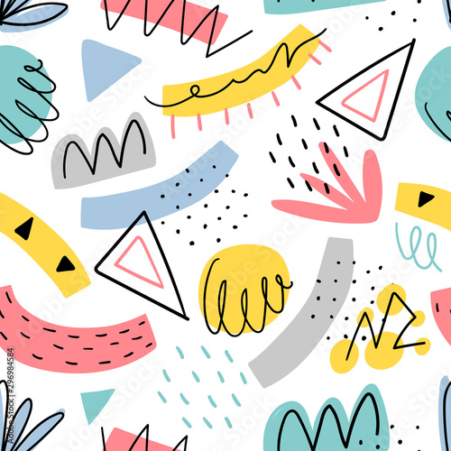 Hand drawn abstract kids seamless  pattern for print, textile, wallpaper. Modern hand drawn shapes background.