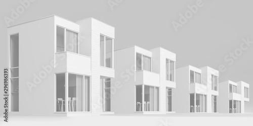 View exterior layout of a modern small house C facade trim of rectangular boards on a light background. 3D illustration