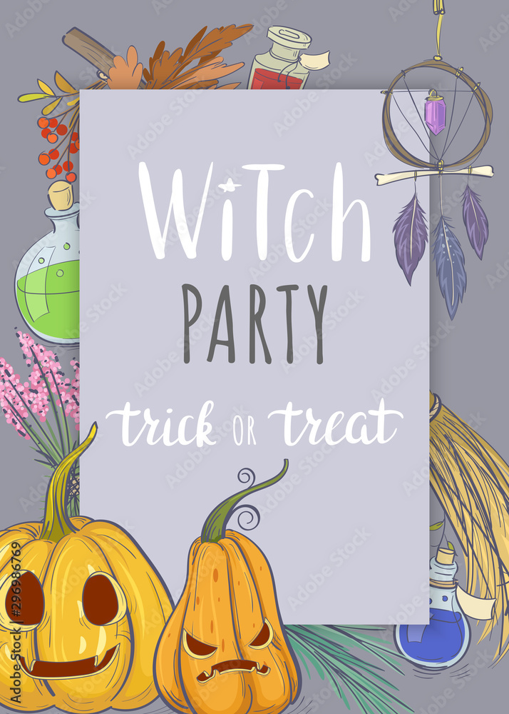 Fototapeta Halloween witch party. Card / Flyer with Herbs, Potions and Pumpkin
