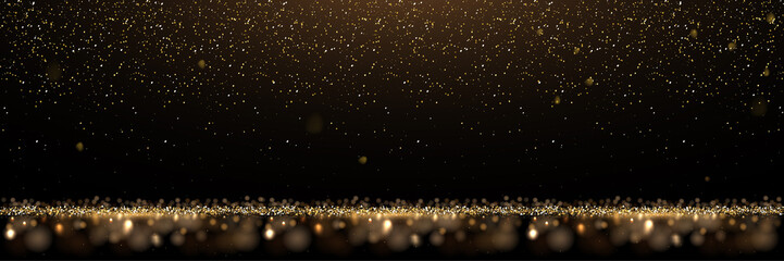 Gold glitter and shiny golden rain on black background. Vector horizontal luxury background.