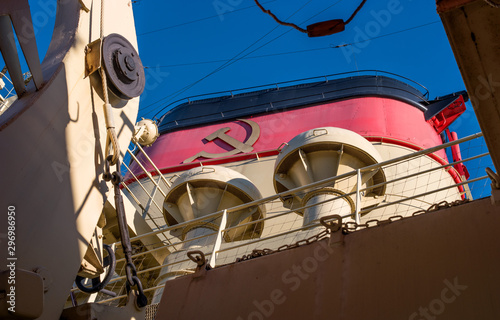 Fototapeta Naklejka Na Ścianę i Meble -  Icebreaker Krasin - view of the chimney. There are many technical elements of the ship in the frame