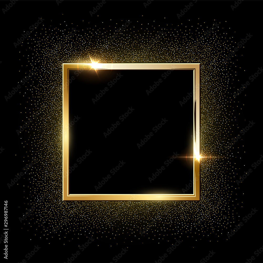 Golden sparkling square frame with golden glitter isolated on black background. Vector design element.
