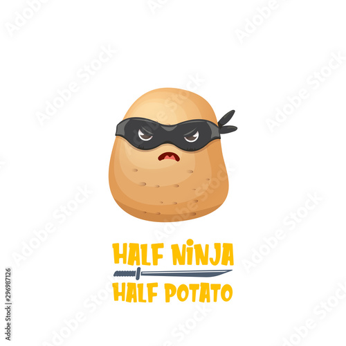 Half ninja half potato character with black super hero mask. super ninja kawaii vegetable food character for printing on tee