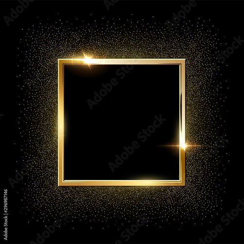 Golden sparkling square frame with golden glitter isolated on black background. Vector design element.