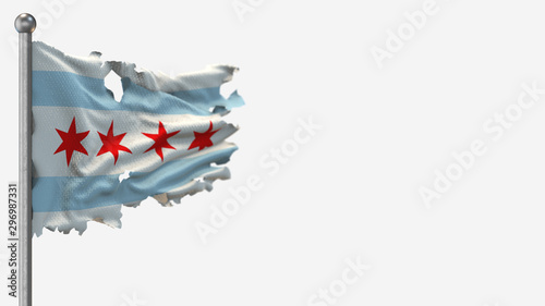 Chicago 3D tattered waving flag illustration on Flagpole. Isolated on white background with space on the right side.