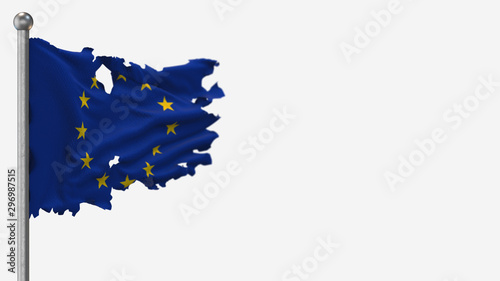 European Union 3D tattered waving flag illustration on Flagpole. Isolated on white background with space on the right side.