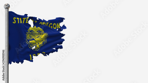 Oregon 3D tattered waving flag illustration on Flagpole. Isolated on white background with space on the right side.