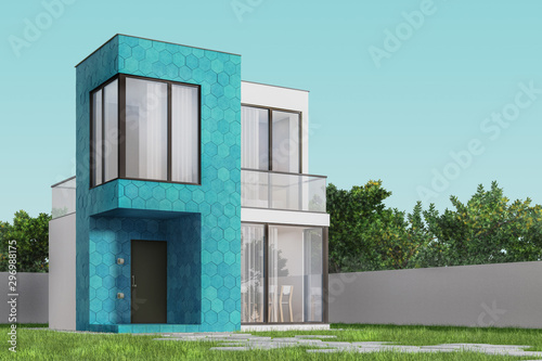 View the exterior of a modern small house with a facade finish of hexagonal ceramic panels in the afternoon. 3D illustration