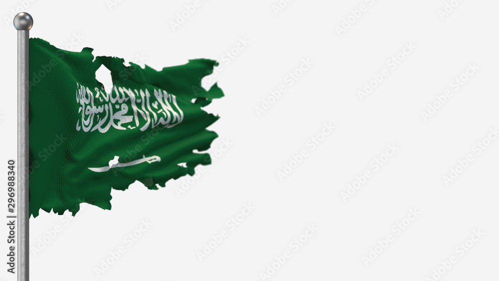 Saudi Arabia 3D tattered waving flag illustration on Flagpole. Isolated on white background with space on the right side.