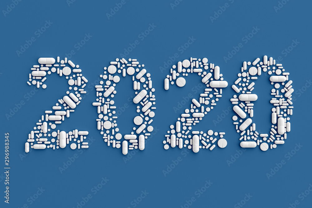 A lot of pills scattered on a blue background in the form of figures 2020. 3D illustration A lot of pills scattered on a blue background in the form of figures 2020. 3D illustration