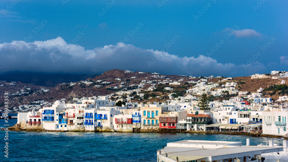 View of beautiful white buildings on the sea shore