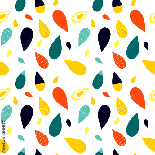 Seamless abstract pattern with drop shapes. Blue, orange, red, yellow colors. Avan-garde cute cartoon background. Abstractionism style.