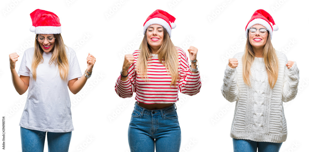 Collage of young beautiful woman wearing christmas hat over isolated background very happy and excited doing winner gesture with arms raised, smiling and screaming for success. Celebration concept. Collage of young beautiful woman wearing christmas hat over isolated background very happy and excited doing winner gesture with arms raised, smiling and screaming for success. Celebration concept.