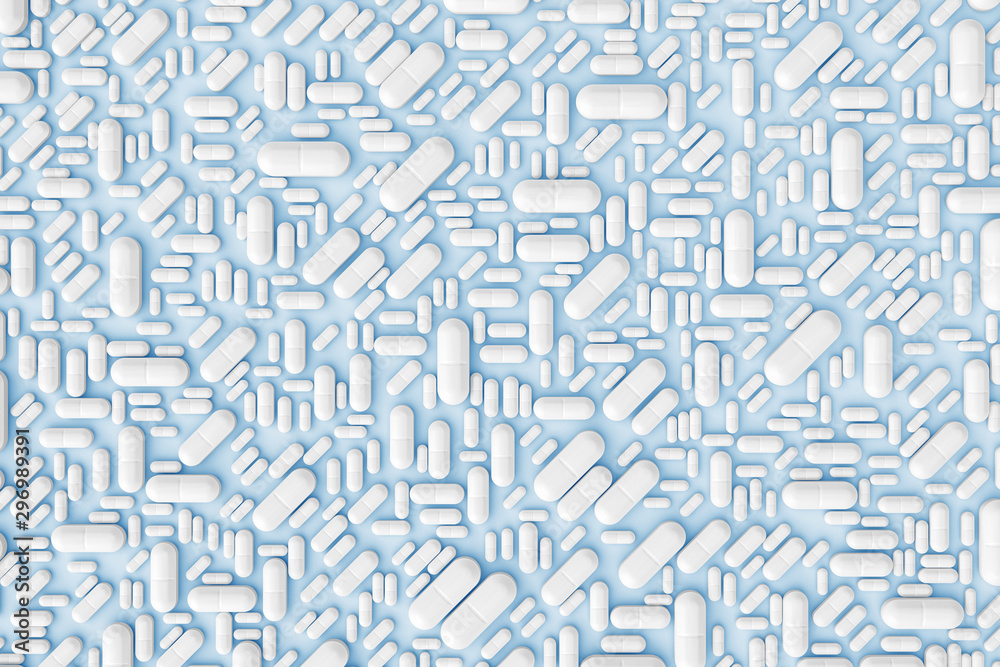 A pattern of many pills scattered on a colored background evenly at different angles. 3D illustration