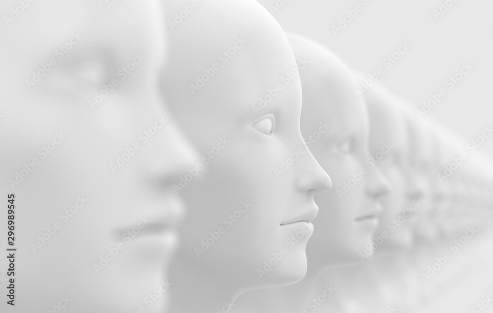 Abstract background with many identical out-of-focus female doll faces, one of which is in focus 3D illustration