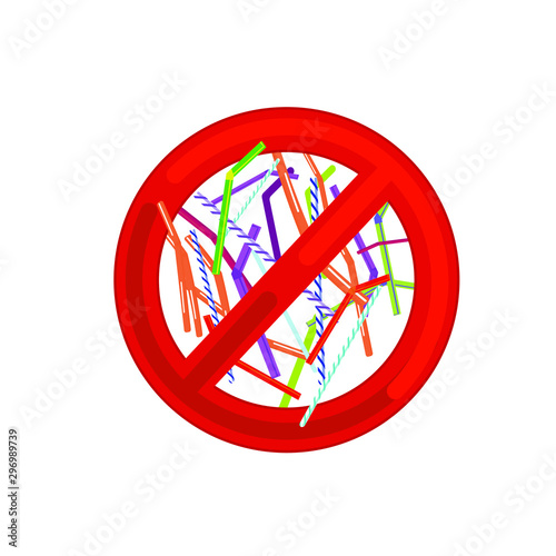 Stop using plastic straws. Red prohibition sign with garbage as a symbol of environmental problems. Against the pollution of the ocean. Vector illustration.