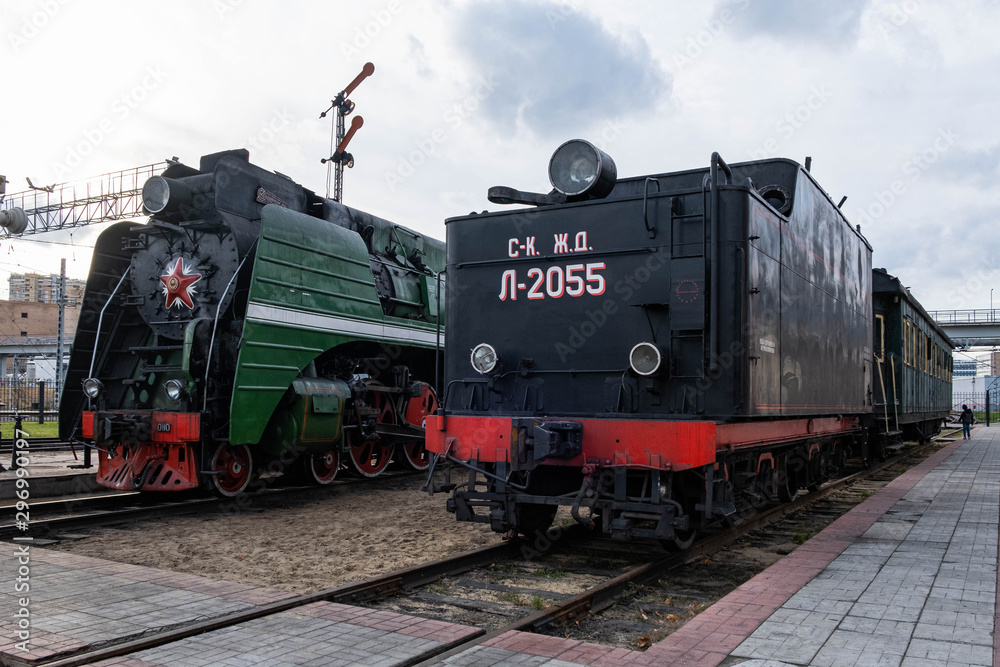 Naklejka premium Soviet restored locomotives are in the depot and ready to depart