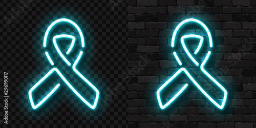 Vector realistic isolated neon sign of Blue Ribbon logo for decoration and covering on the wall and transparent background. Concept of November, Prostate cancer awareness month.
