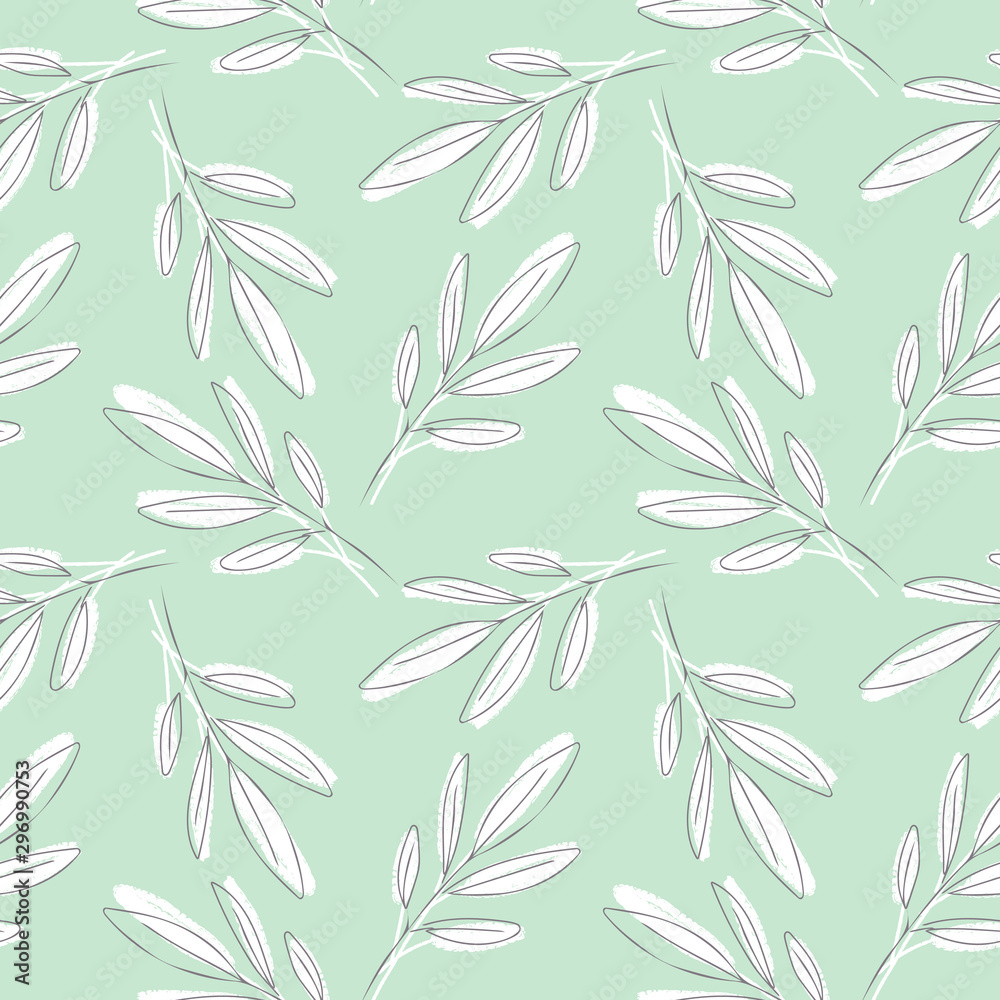 Hand Sketched Leaves Seamless Pattern with Chalk Texture. Floral Vector Background. 