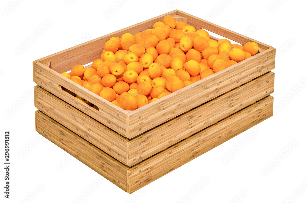 Apricots in the wooden crate, 3D rendering Apricots in the wooden crate, 3D rendering