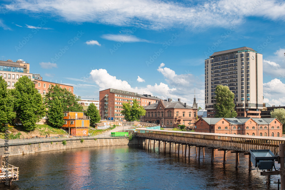Obraz premium Panoramic view of Tammerkoski river and old town Tampere the industrial city of Finland Europe