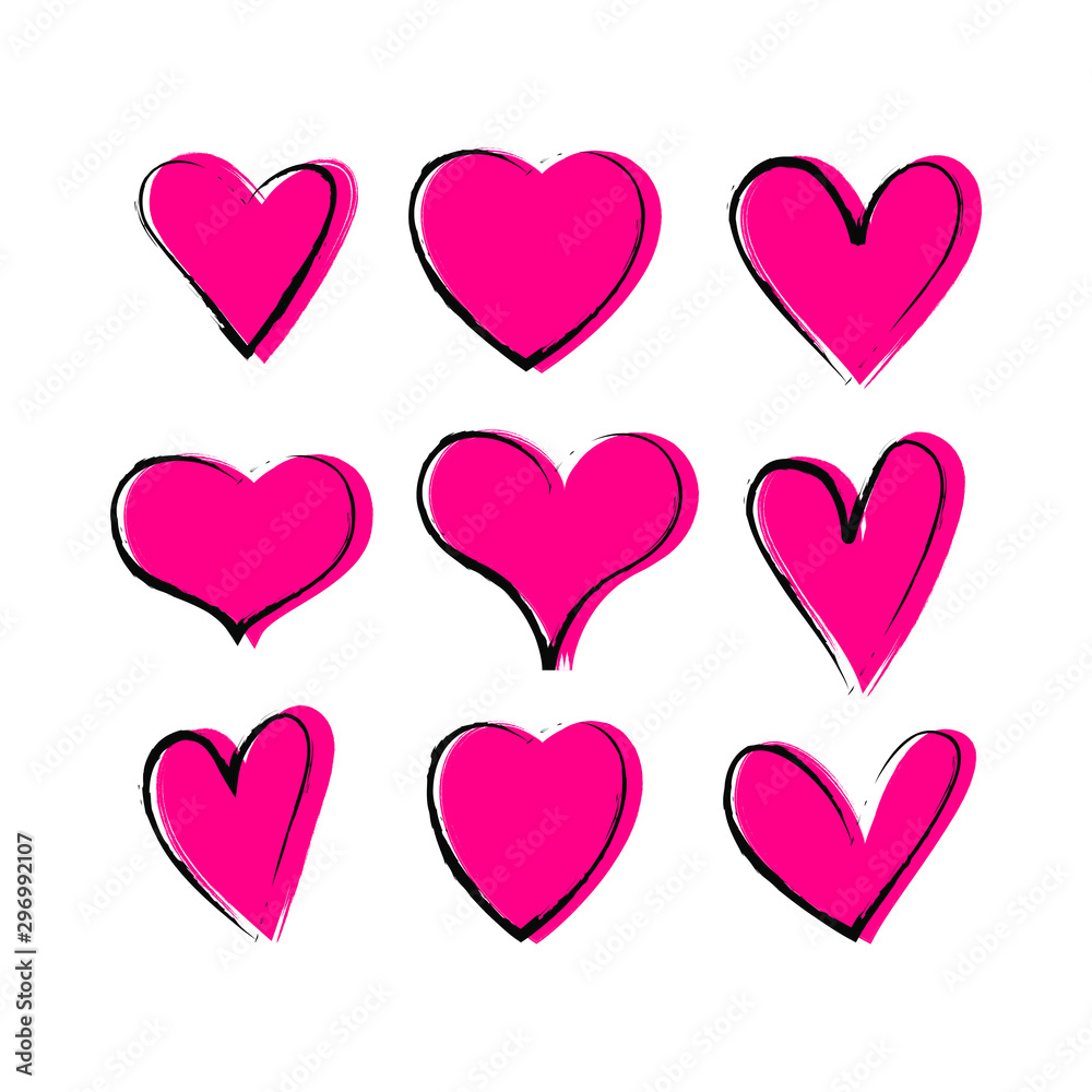 Cute set of hearts with different shapes isolated on white background. Vector illustration