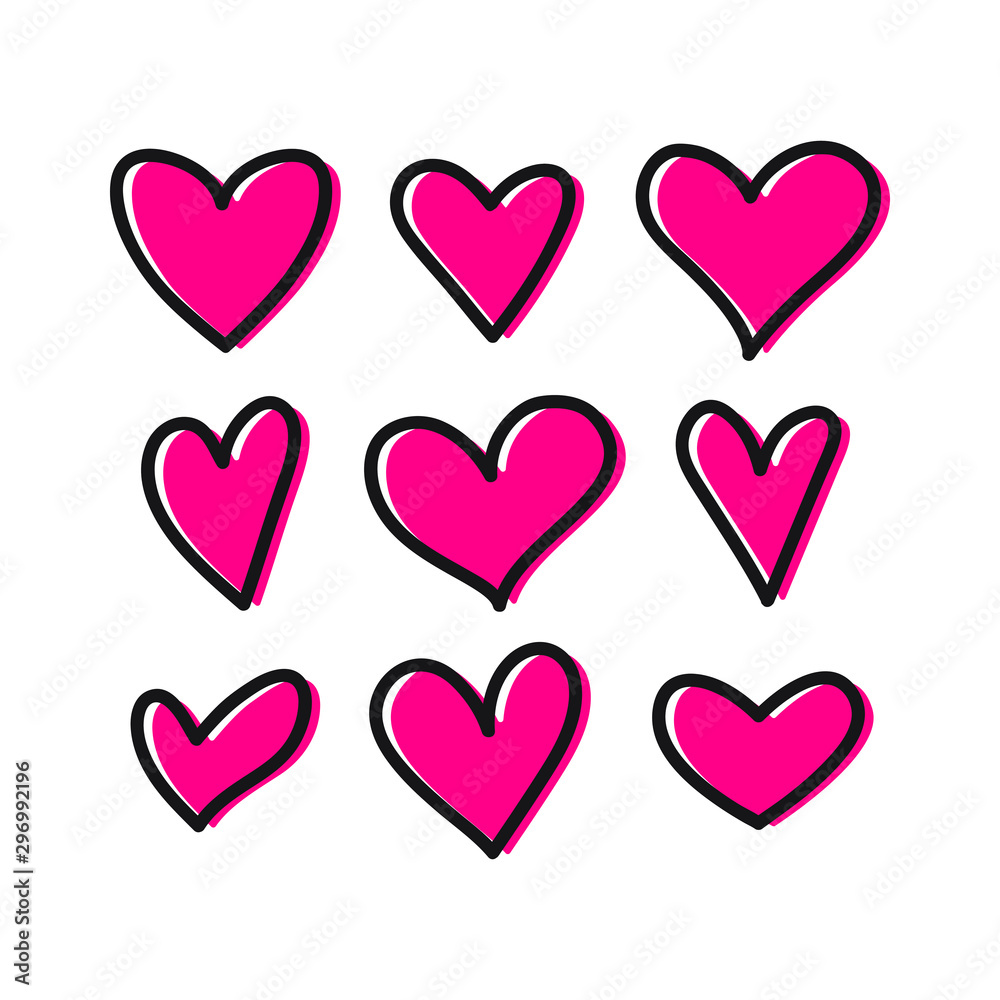 Cute set of hearts with different shapes isolated on white background. Vector illustration