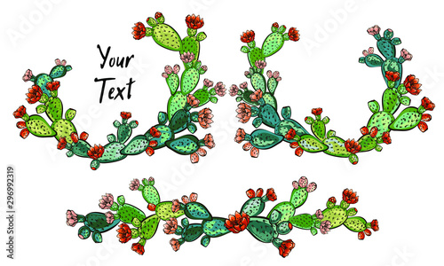 web banner template, Wreath of cacti with flowers, Decorative exotic plants  with text space, Place for your text or congratulations, Design for banner, greeting card, social networks, website.