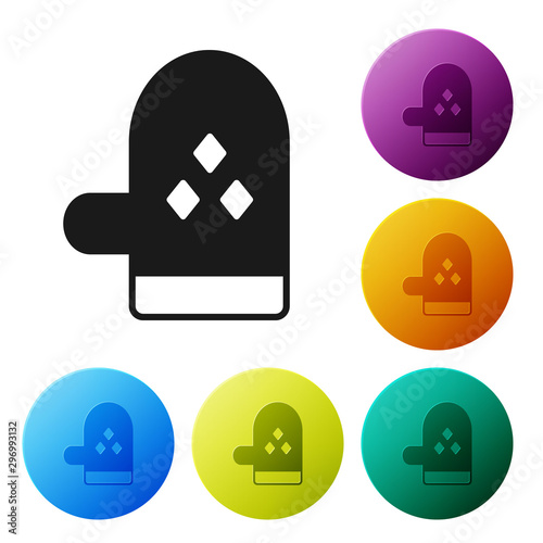 Black Oven glove icon isolated on white background. Kitchen potholder sign. Cooking glove. Set icons colorful circle buttons. Vector Illustration