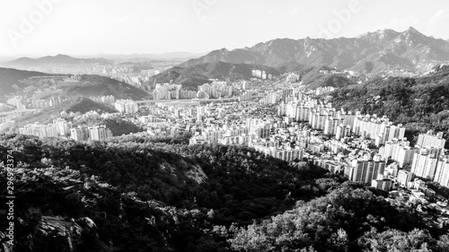 Black and white beautiful view of Seoul from the Asan Mountain, South Korea