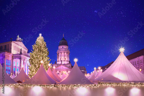 Photography Iluminated Christmas market Gandarmenmarkt in Berlin, Germany, at night