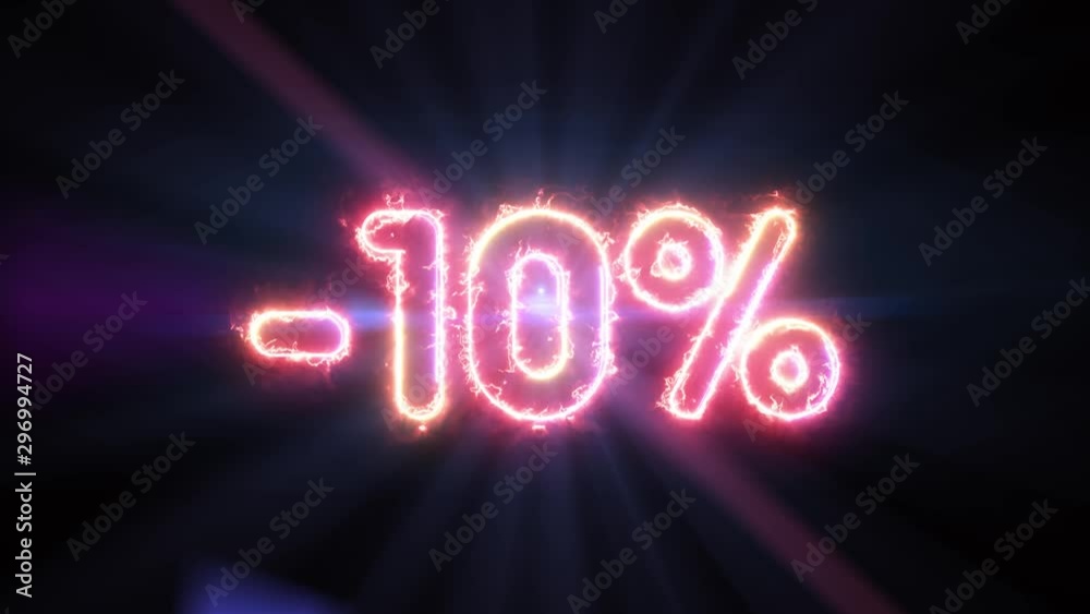 10% off sign, colorful energy text glowing in the dark and lens flare light rays in background 10% off sign, colorful energy text glowing in the dark and lens flare light rays in background