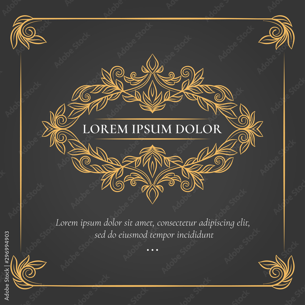 Golden vector frame. Elegant, classic elements. Can be used for jewelry, beauty and fashion industry. Great for logo, emblem, invitation, flyer, menu, brochure, background, or any desired idea.