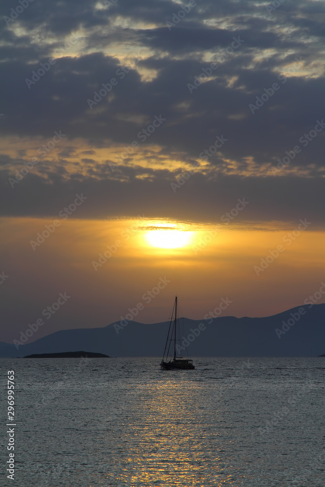Seascape at sunset. Seaside town of Turgutreis and spectacular sunsets