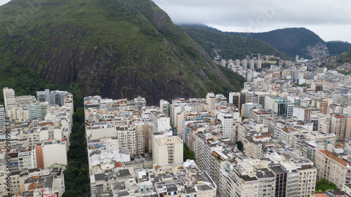 Early morning view over the copacabana in Rio de Janeiro, Brazil, around sunrise on a cloudy day captured with a drone